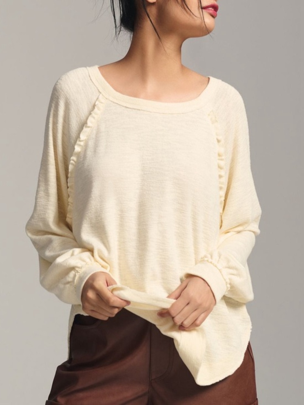 Pilcro Cream Ruffle-Trim Pullover Sweatshirt